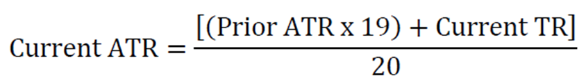 Equation showing how to calculate the Average True Range from the True Range, for a time period of 20.