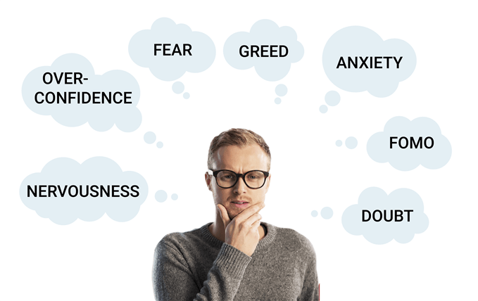 Trading psychology includes nervousness, over-confidence, fear, greed, anxiety, fomo and doubt.