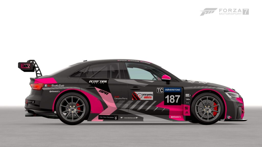 Elite Tier Racing livery on a Audi RS3 touring car, including The Two Traders decals.